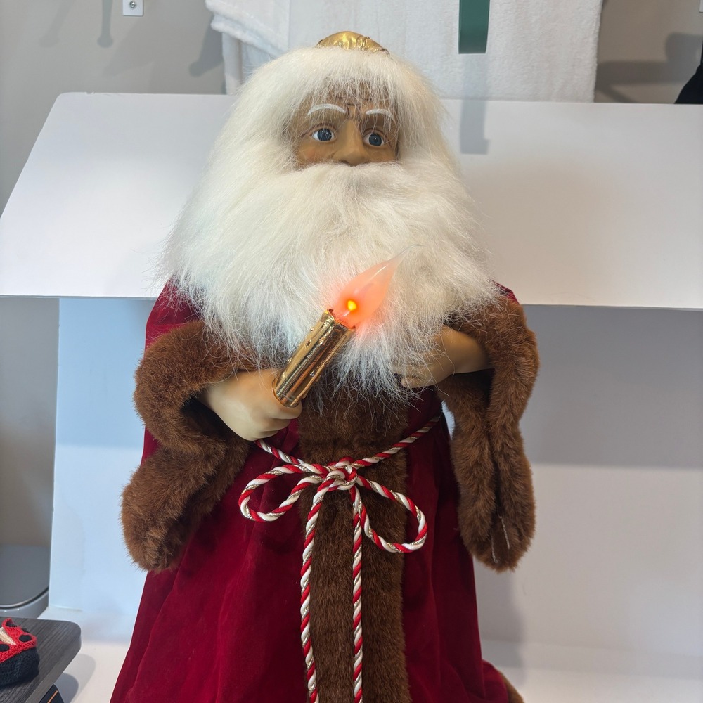 Animated Santa Claus Figure with Moving Head Arms and Lighted Candle Red Velvet